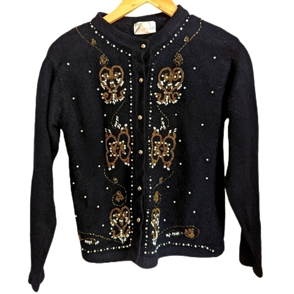 𝅺VINTAGE Black Embroidery & Pearls Lambswool & Angora Knit Cardigan Size Medium - Picture 2 of 13
